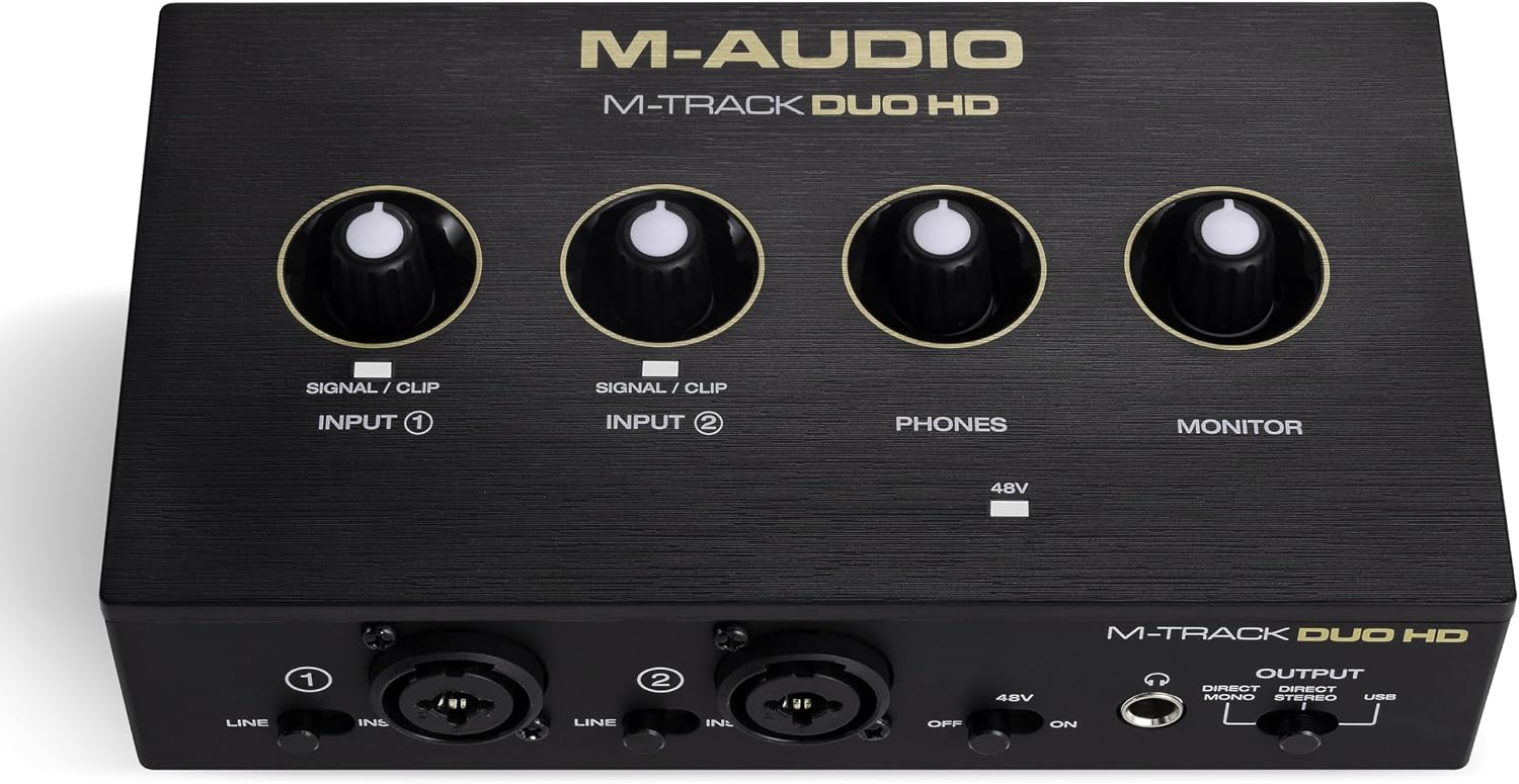 M-AUDIO M-Track Duo HD Audio Interface, M100 Condenser Microphone and HDH41 Studio Monitoring Headphones for Recording, Producers, Content Creators and Podcasters