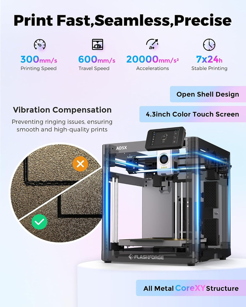 FLASHFORGE AD5X 3D Printer,Smart Multi-Color 3D Printer with IFS,Max 600mm/s High Speed 4 Colors Printing,Fully Auto Leveling,300°C Direct Extruder,for PLA-CF,PETG-CF,Print Size 220x220x220mm