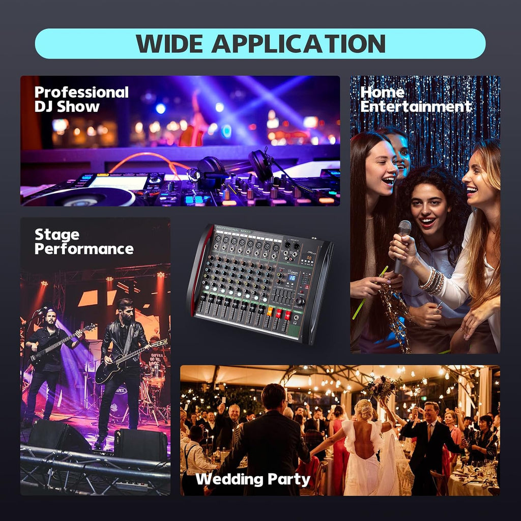 Audio Mixer 8 Channel, Professional Music Sound Mixer Board with 48V Phantom Power, Digital DJ Mixing Console with Reverb USB Port Bluetooth for Recording Karaoke Podcasting