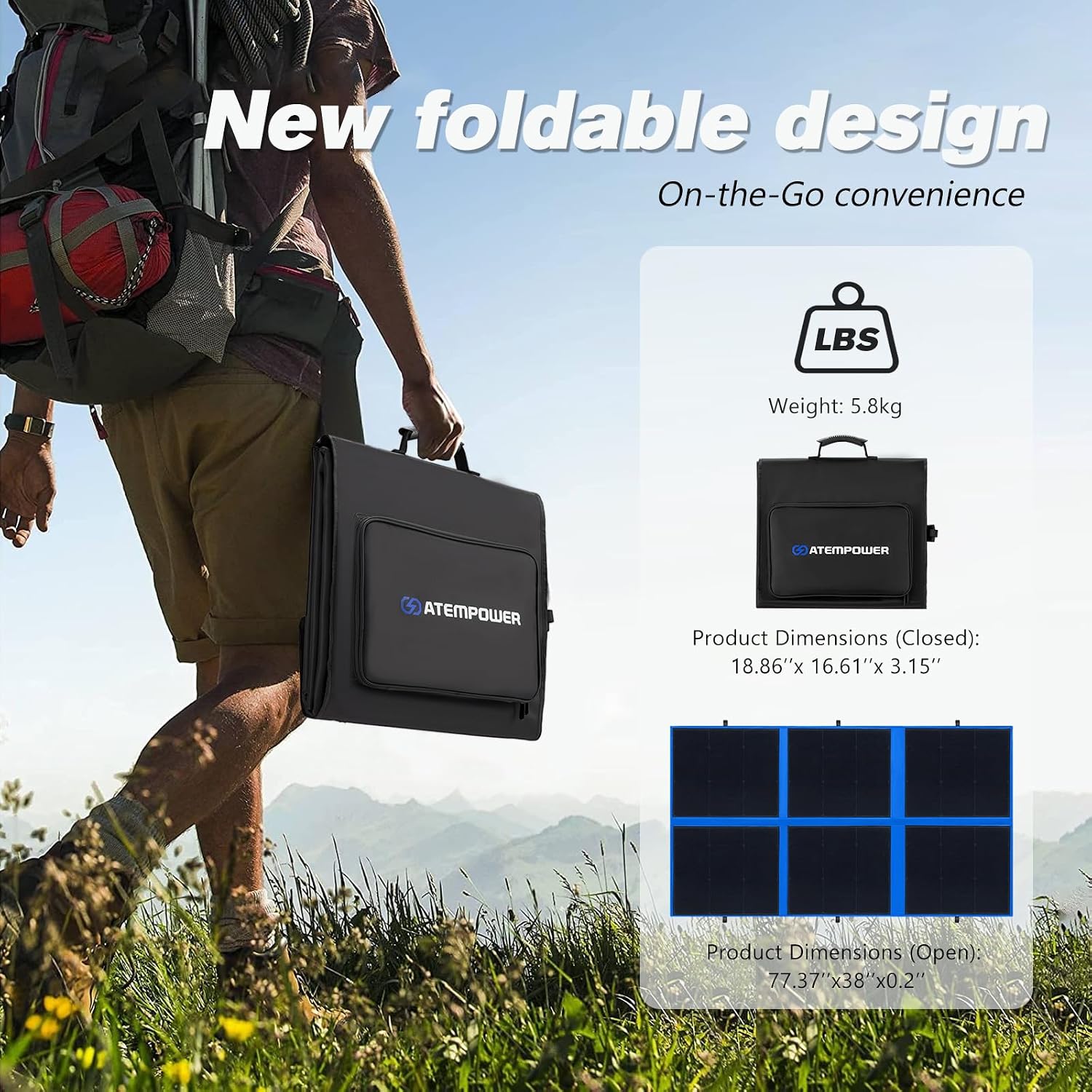 ATEM POWER 300W Portable Solar Panel, Foldable Solar Panel HPBC Chip, 20A MPPT Charger Controller 5V USB Output for 12/24V Battery/Power Station Outdoor Camper RV Hiking Durable Anti Cracking Coating