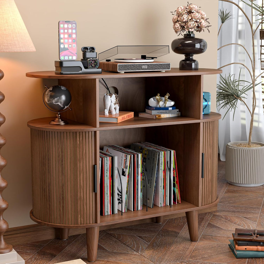 LUVIOHOME Large Round Record Player Stand with Charging Station & USB Ports，Record Storage Cabinet, Mid Century Modern Turntable Stand for Bedroom Living Room (Small Brown)