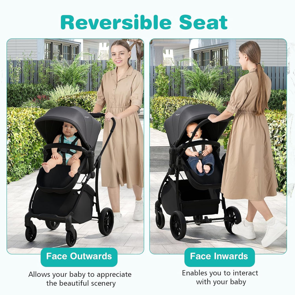 BABY JOY 2 in 1 Baby Stroller, High Landscape Convertible Bassinet Stroller with Reversible Seat, Adjustable Backrest & Canopy, Foldable Pushchair Pram Stroller for Newborn Toddler 0-36 Months (Gray)