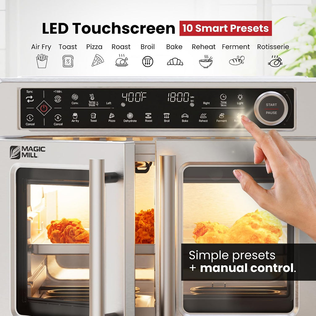 Magic Mill Ultra-Premium Dual-Zone Stainless Steel Air Fryer Toaster Oven Combo, Extra Large 32QT French Door Convection Oven with Next-Gen Patent Technology, 13 Accessories, Rotisserie, Sync Finish