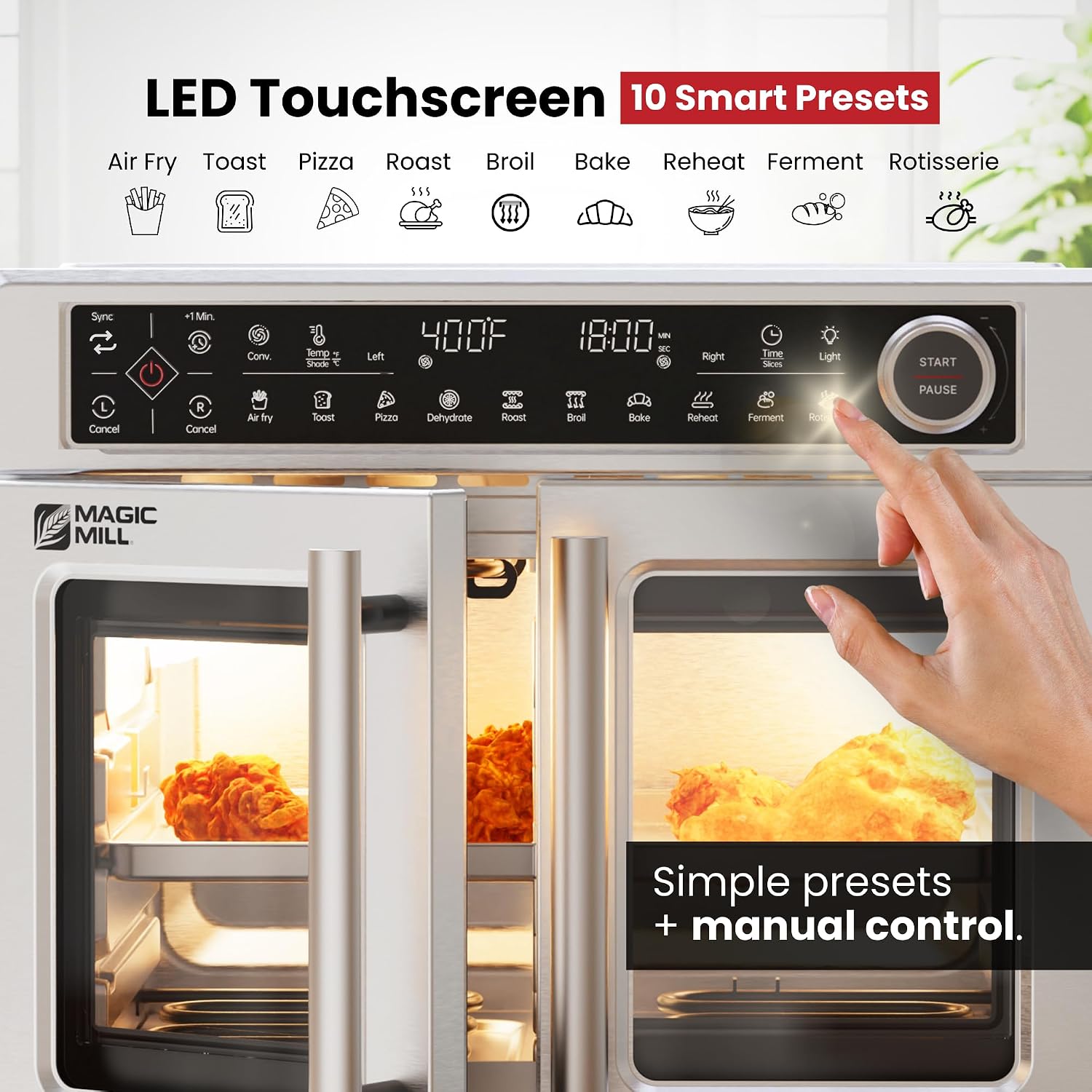 Magic Mill Ultra-Premium Dual-Zone Stainless Steel Air Fryer Toaster Oven Combo, Extra Large 32QT French Door Convection Oven with Next-Gen Patent Technology, 13 Accessories, Rotisserie, Sync Finish