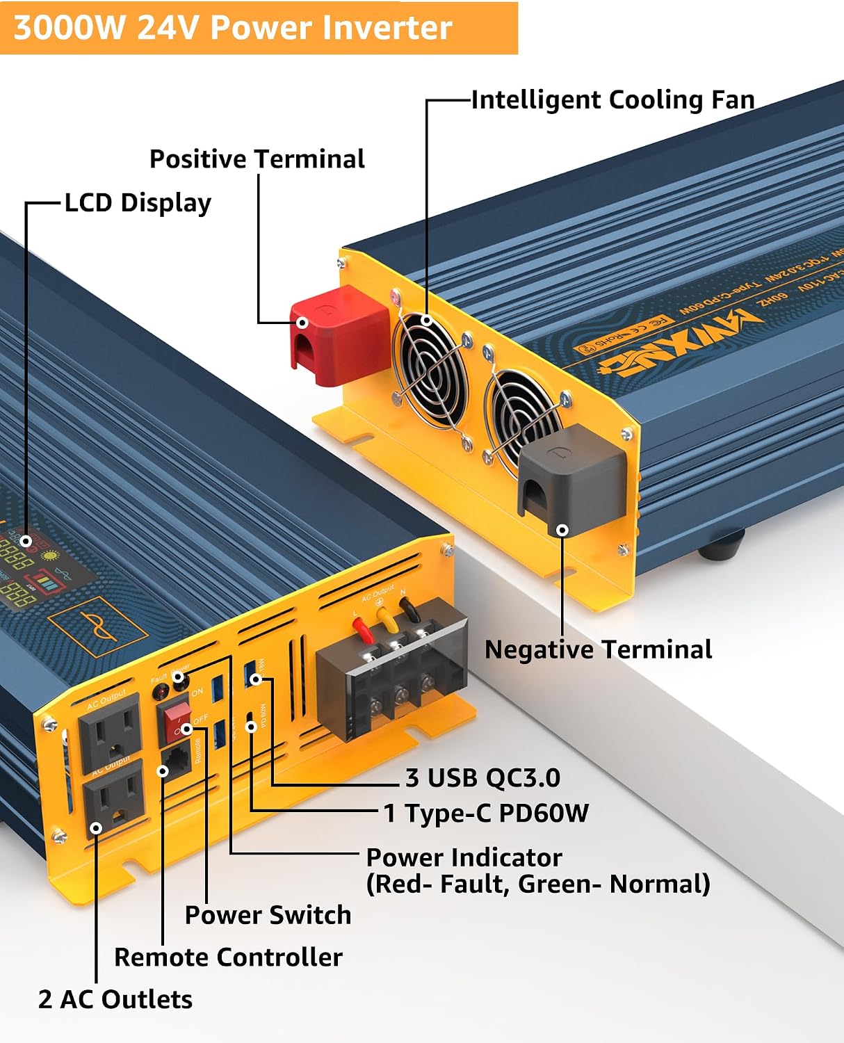3000W Pure Sine Wave Power Inverter DC 24V to 110V 120V AC with 4 Quick Charging USB Ports& Dual AC Outlets Power Inverters for Vehicles RV Truck Home with LCD Display and Remote Controller