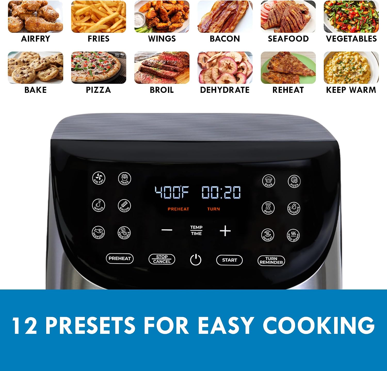 Kenmore Air Fryer - 8 quart aerogrill, non-stick frying basket, french fry, digital touch screen, 12 presets, freidora eléctrica, countertop cooking kitchen appliance, stainless steel, black