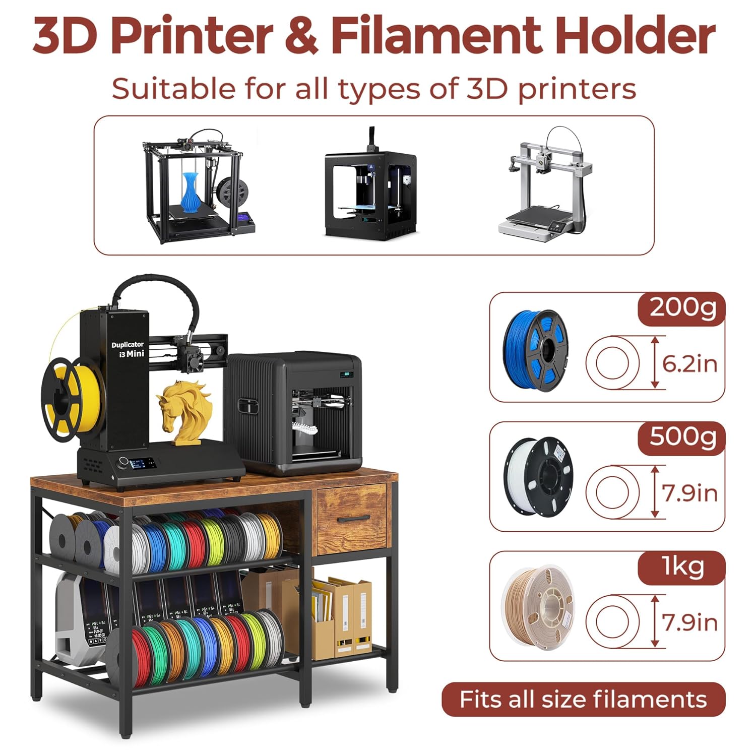 3D Printer Stand with Filament Storage – Heavy Duty Metal 3D Printer Table with Drawer and Power Hub for Workshop, Studio, and Office