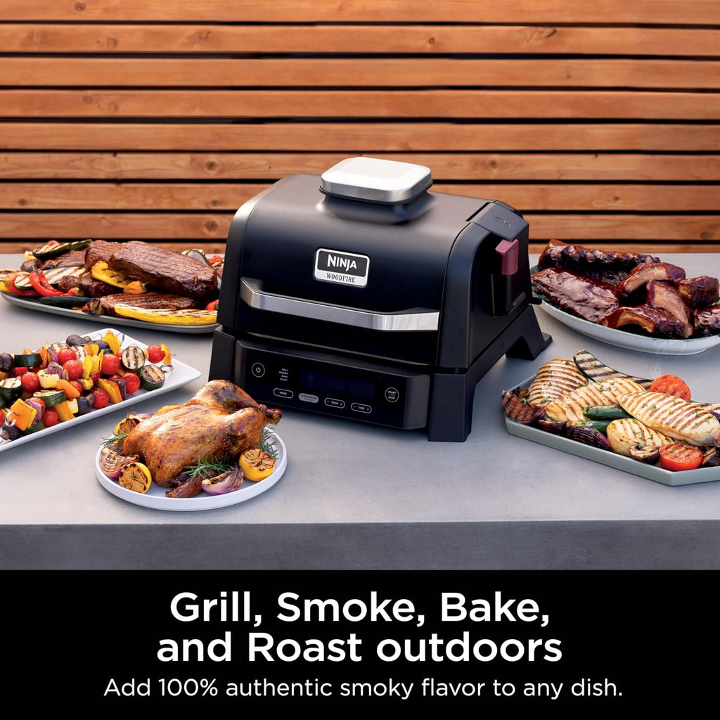 Ninja Woodfire Outdoor Grill & Smoker, 4-in-1 Functionality, Grill, Smoke, Bake, Roast, Authentic Woodfire Flavors, Electric Heat, OG301