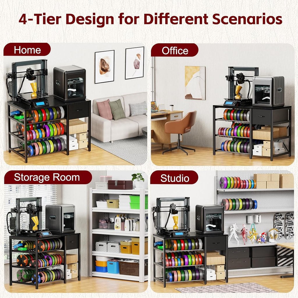 3D Printer Stand with Filament Storage Rack, Black 3D Printer Table with Power Outlet, 3-Tier Filament Holder with Drawer, 3D Printer Filament Stand Organized for Office Workshop Studio
