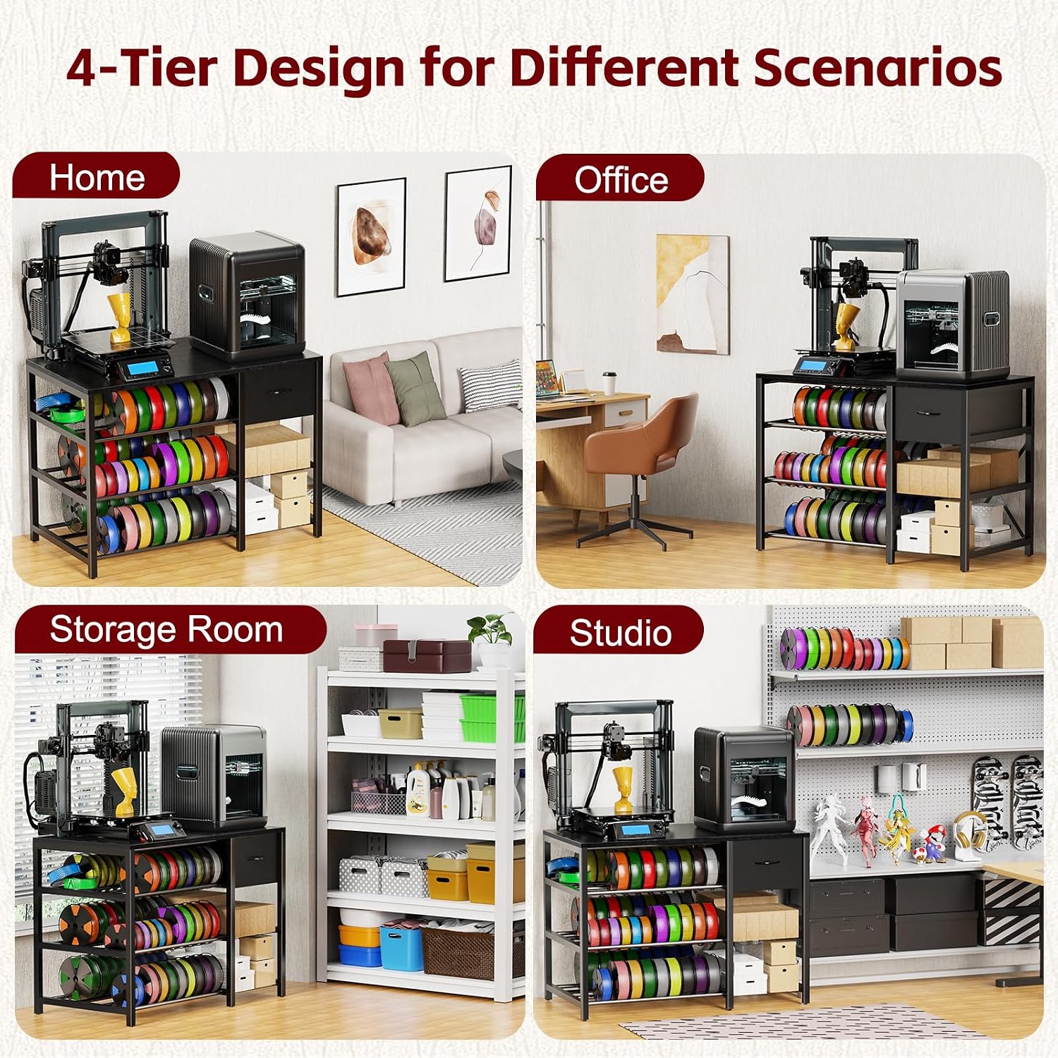 Frebomboo 3D Printer Filament Storage Rack, Black Versatile 3D Printer Stand Shelf with Drawer, Mobile 3-Tier Metal Filament Spool Holder, Perfect 3D Printer Cart Desk for Office Workshop Studio