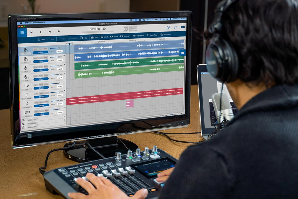 TASCAM Mixcast 4 Podcast Streaming Mixer, Recorder, and USB Audio Interface — Four XLR/TRS Mic Inputs, Touch Screen and Editing Software Included