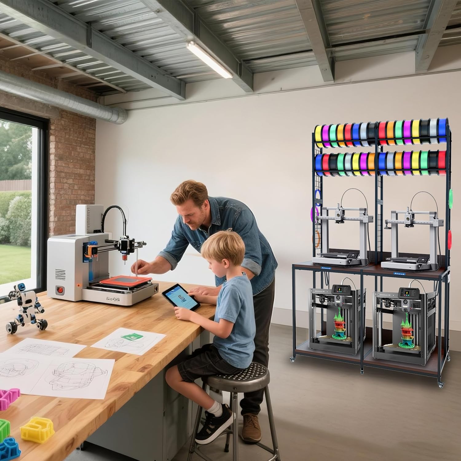 2025 Upgraded Dual 3D Printer Stand with Filament Storage Workstation, Extended Storage Mobile 3D Printer Table Workbench, AC/USB Power Hub for Studio Workshop