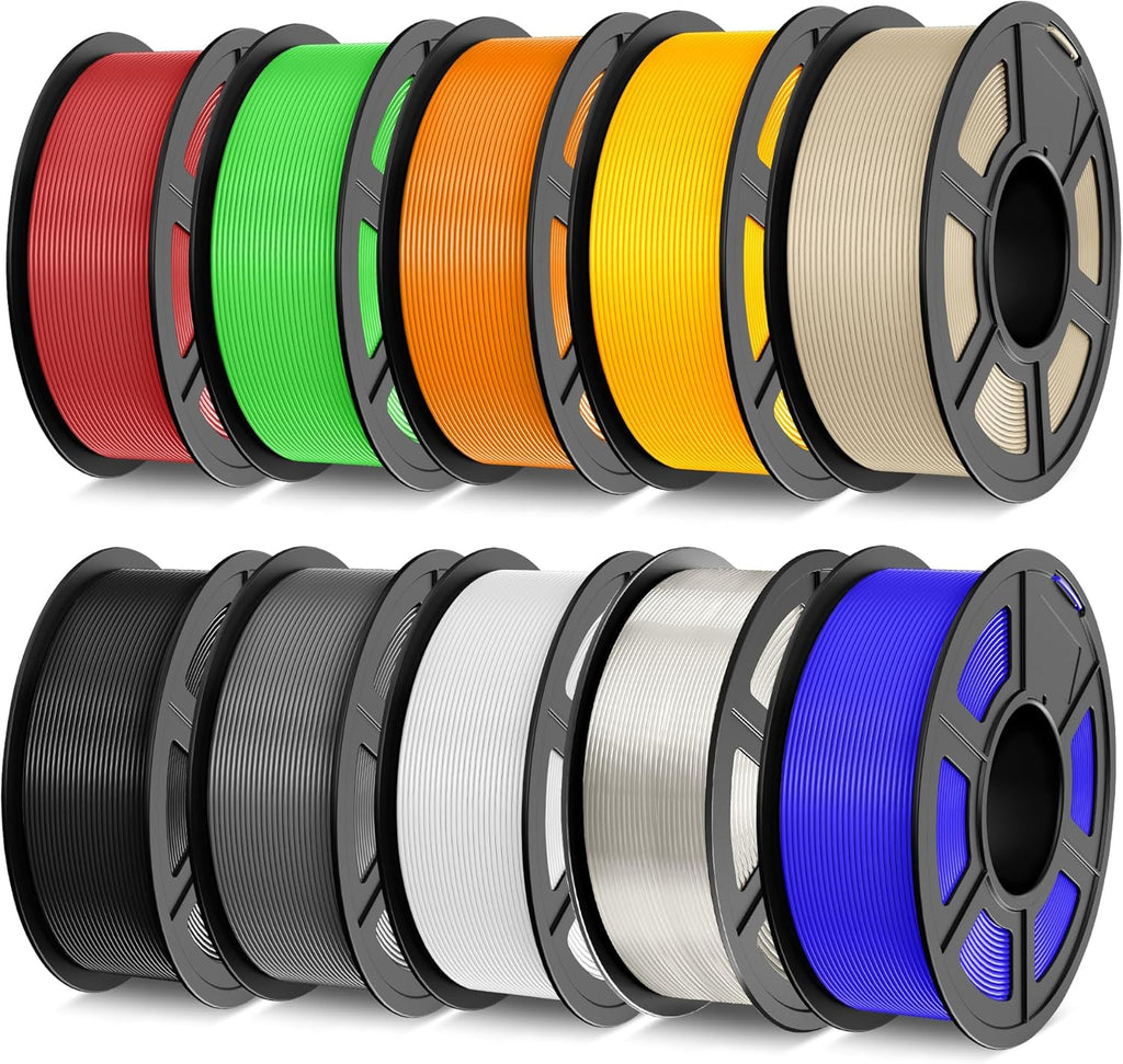 TECBEARS PLA 3D Printer Filament Bundle, 10 KG PLA Filament 1.75mm, Neatly Wound 3D Printing Filament, 1kg per Spool, 10 Pack, Black+White+Grey+Transparent+Red+Blue+Green+Orange+Wood+Gold