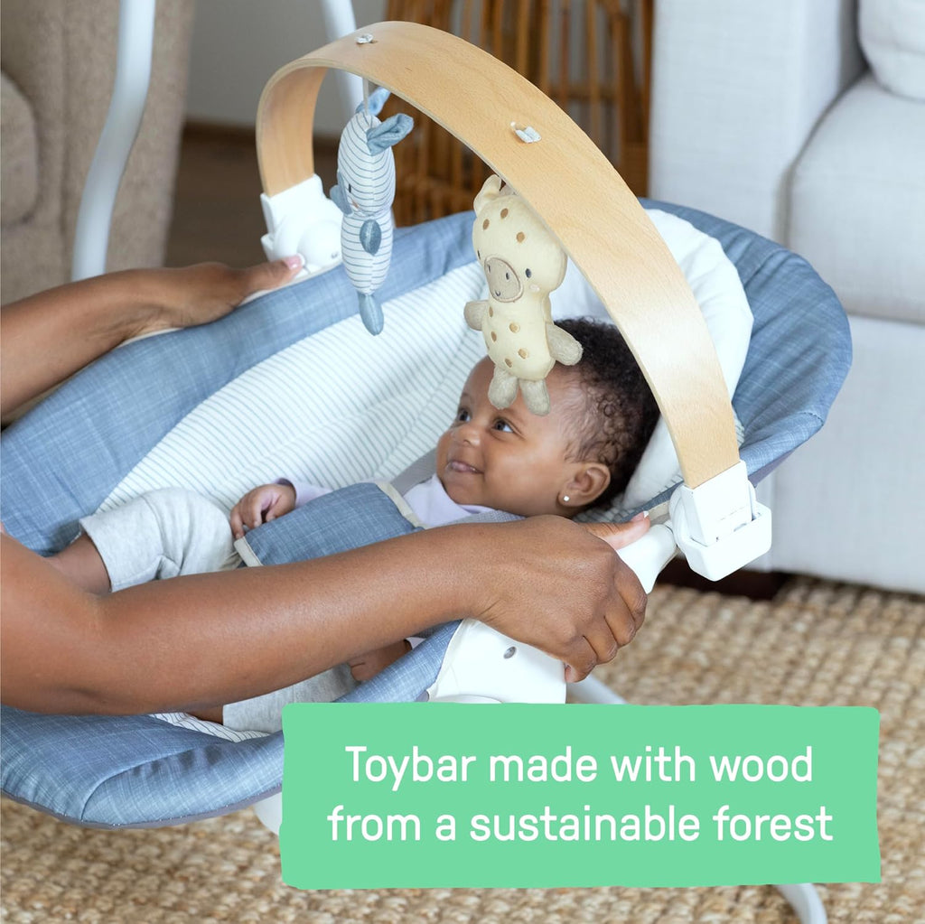 Ingenuity SimpleComfort Compact Baby Swing, Rotating Seat Swings in 3 Directions, 6 Speeds, 8 Melodies & 3 Nature Sounds, Ages 0-9 Months, Up to 20 Pounds - Chambray