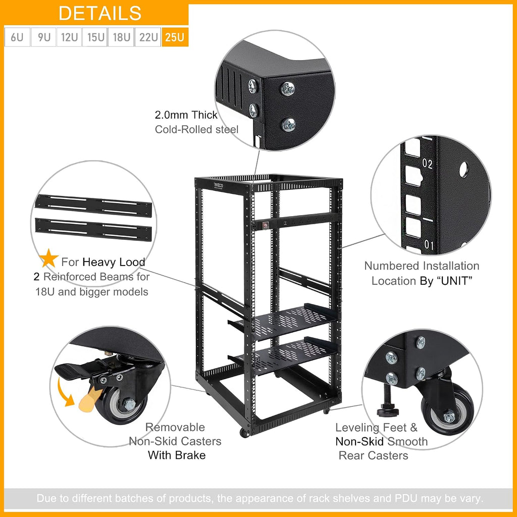 RIVECO 25U Open Frame Server Rack with Wheels + PDU (8 Outlets) Power Strip Surge Protector (2pcs Rack Shelves +1 PDU, 25U)