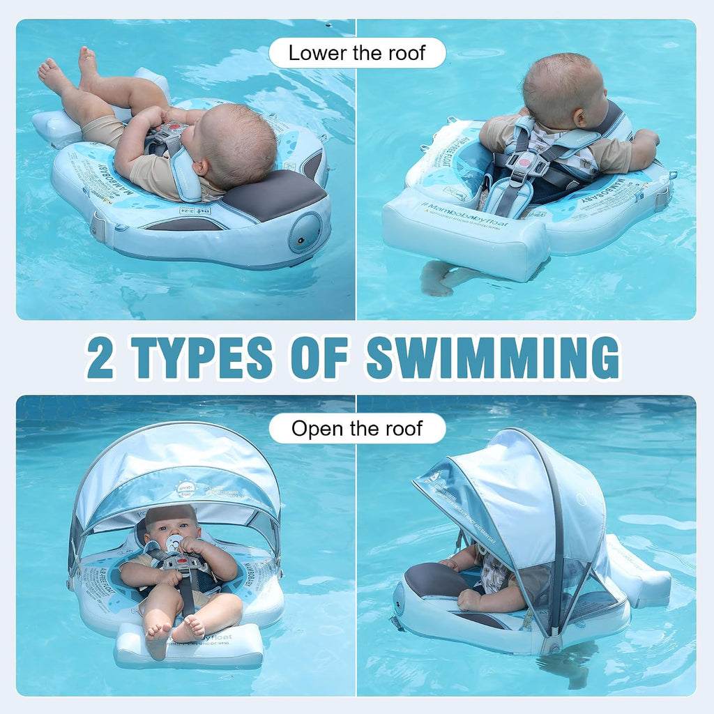 Mambobaby Baby Pool Float with Removable Sun Canopy - Non Inflatable Infant Swim Float with Anti-Flip Tail Design, Waterproof & Skin-Friendly Baby Float for Swimming (3-24 Months)