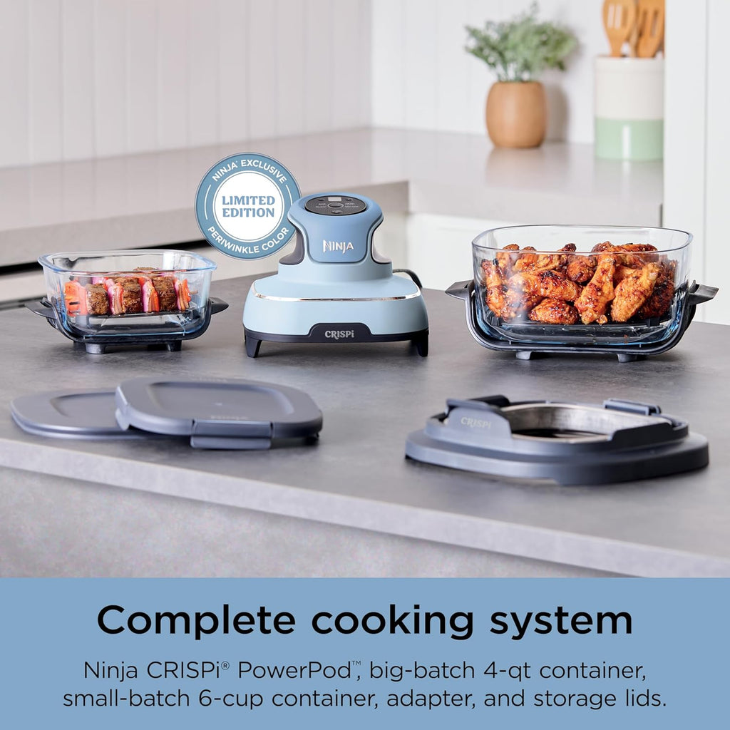 Ninja Crispi Air Fryer, Microwave, Freezer & Dishwasher Safe, Non Toxic Glass Portable Cooking System, 4 QT & 6 Cup Glass Containers with Storage Lids, Easy Meals, Air Fry, Bake, Periwinkle (Renewed)