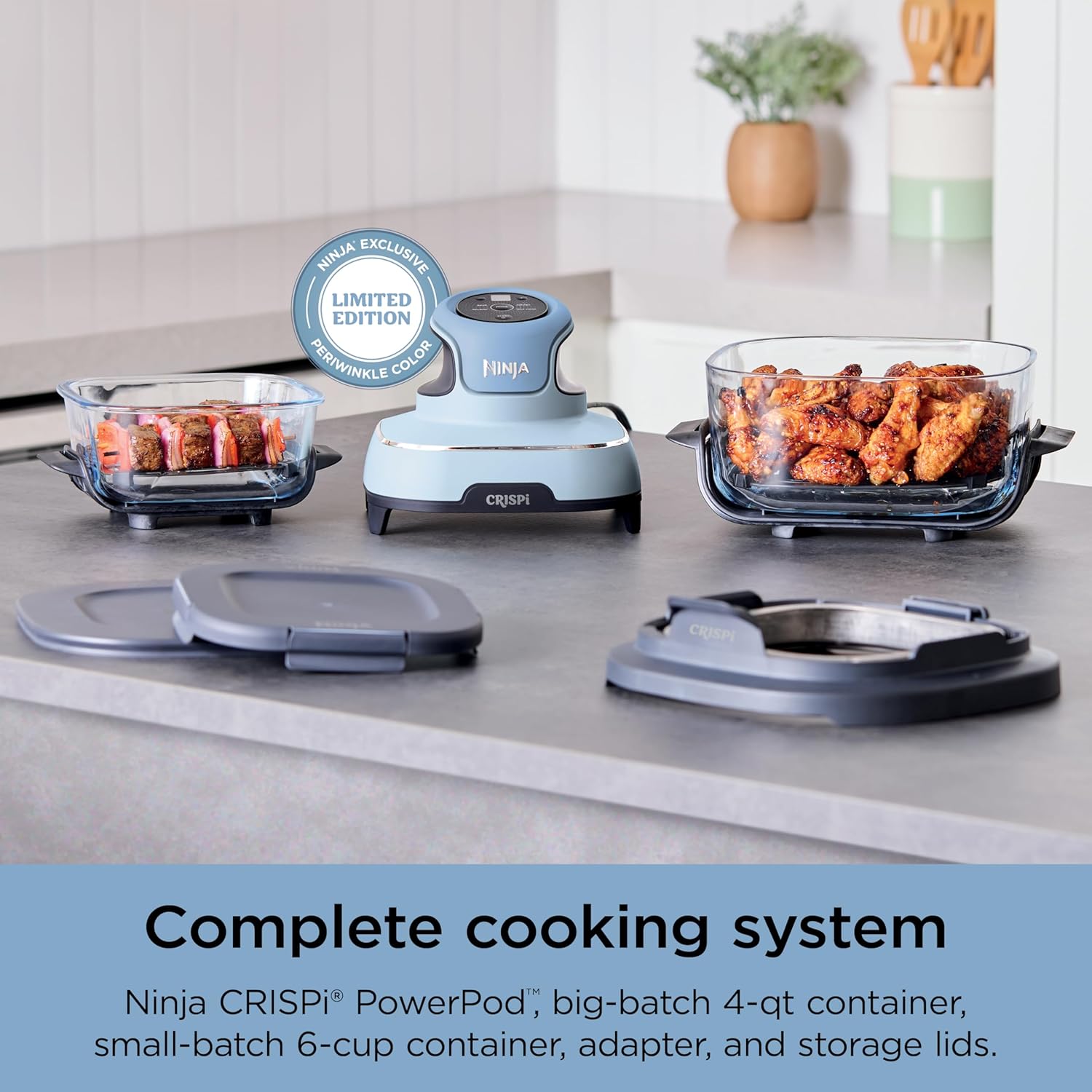 Ninja Crispi 4-in-1 Glass Air Fryer | 450°F | Non-Toxic | 4QT & 6-Cup Glass Containers w/Lids | Microwave, Freezer, Dishwasher Safe | Max Crisp, Air Fry, Bake, Recrisp | Periwinkle | FN101PL