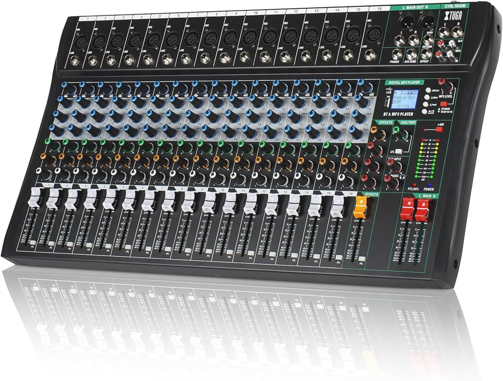 XTUGA 16 Channel Audio Mixer, Professional Sound Board Mixer, DJ Mixing Console System Audio Interface,48V Phantom Digital Effect for PC Podcast Studio Karaoke Streaming Live Recording(CT160)