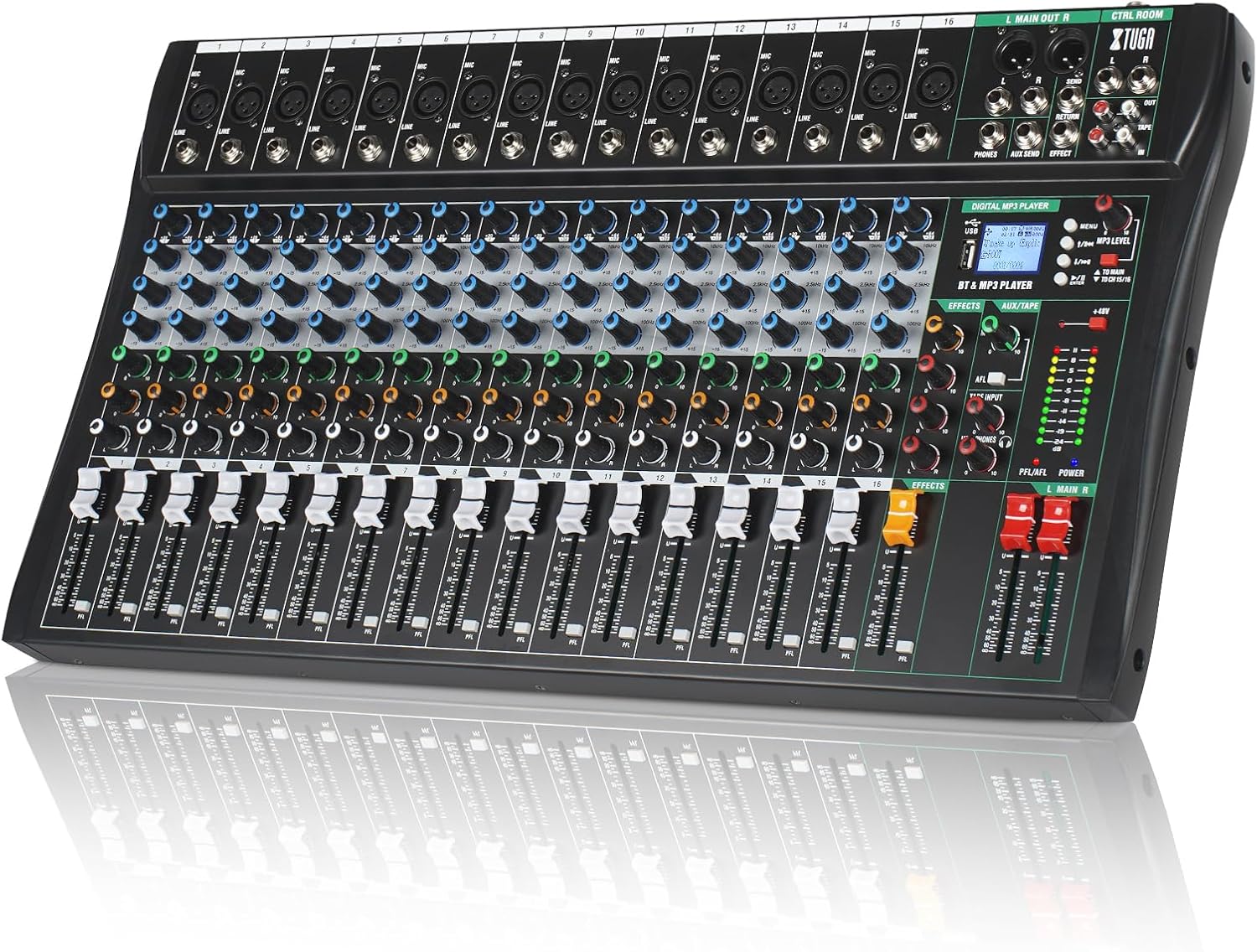 XTUGA 16 Channel Audio Mixer, Professional Sound Board Mixer, DJ Mixing Console System Audio Interface,48V Phantom Digital Effect for PC Podcast Studio Karaoke Streaming Live Recording(CT160)