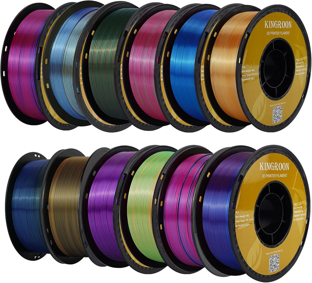 Kingroon PLA Filament, Multicolor Silk PLA Filament, Tri Color 3D Printer Filament, 1.75 mm, Dimensional Accuracy +/- 0.03 mm, 12kg Spool(26.5lbs) 12 Rolls, 12 Different Multicolor Filaments