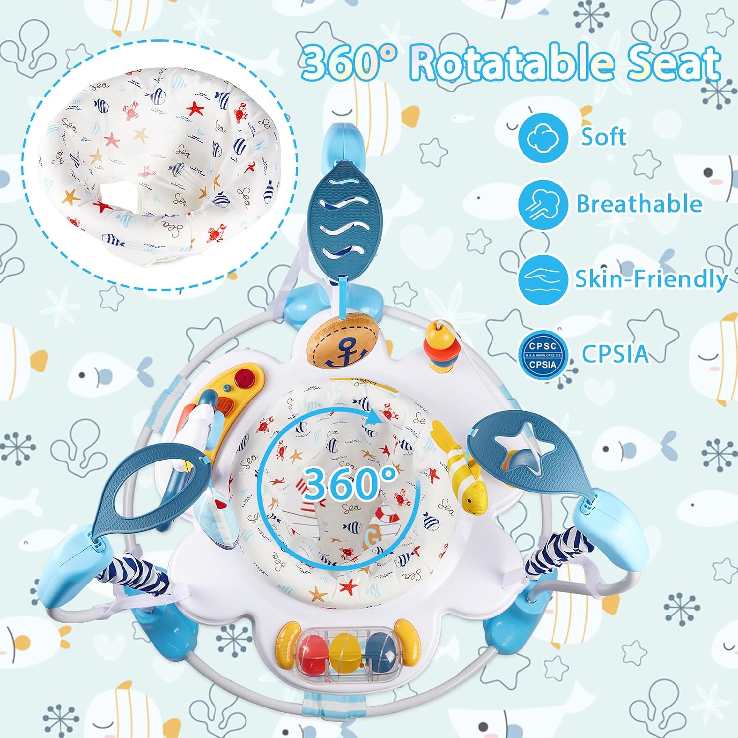 Baby Activity Center, Infant Jumpers and Bouncers with Music, Lights, Infant Toys, 360°Rotating Seat, 3 Adjustable Heights, Baby Play and Learning Center for 6+ Months