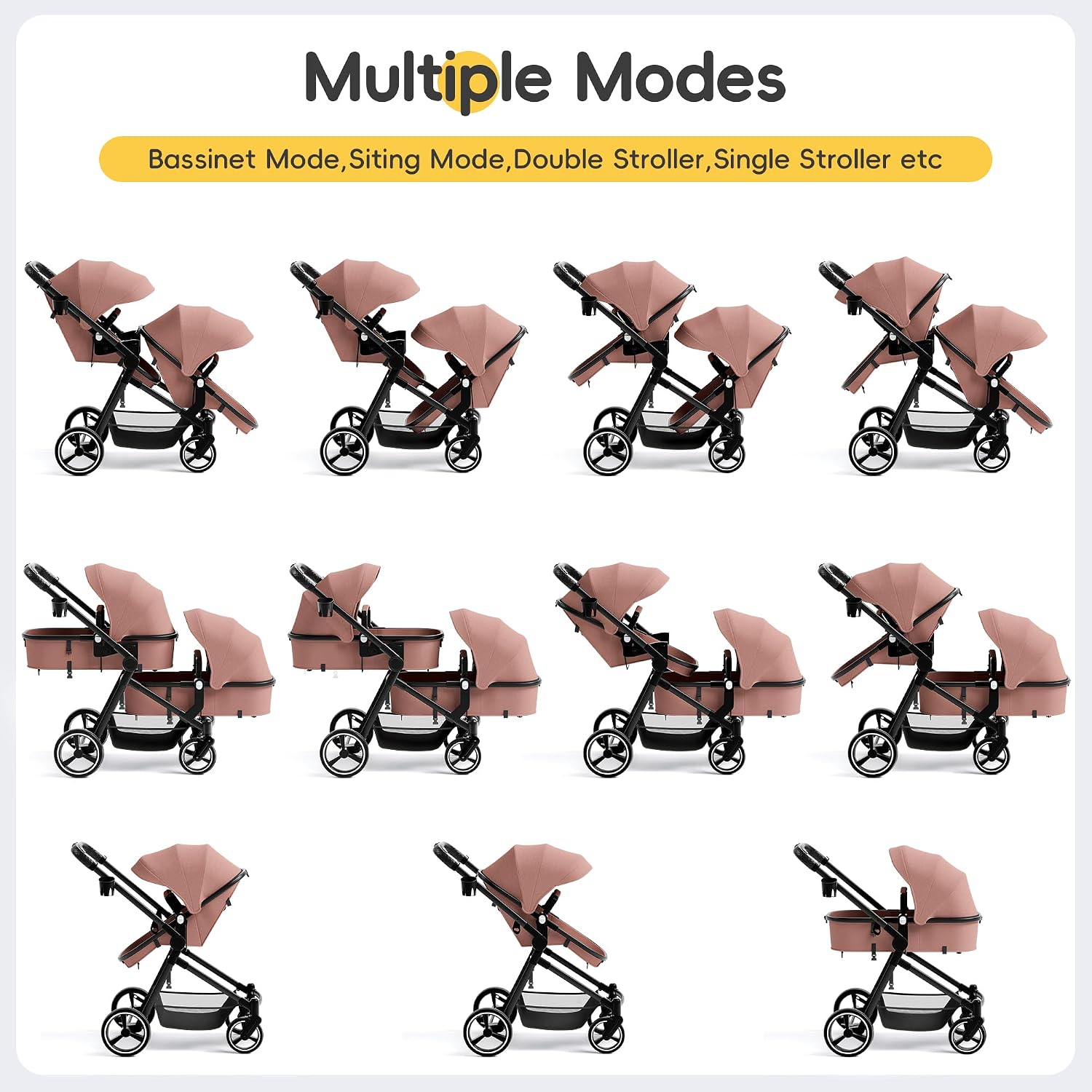 MU Double Stroller, Foldable Twin Tandem Stroller with Adjustable Backrest, Reversible Seat, 5-Point Harness, Storage Basket, Convertible Baby Bassinet for Infant and Toddler, Pink