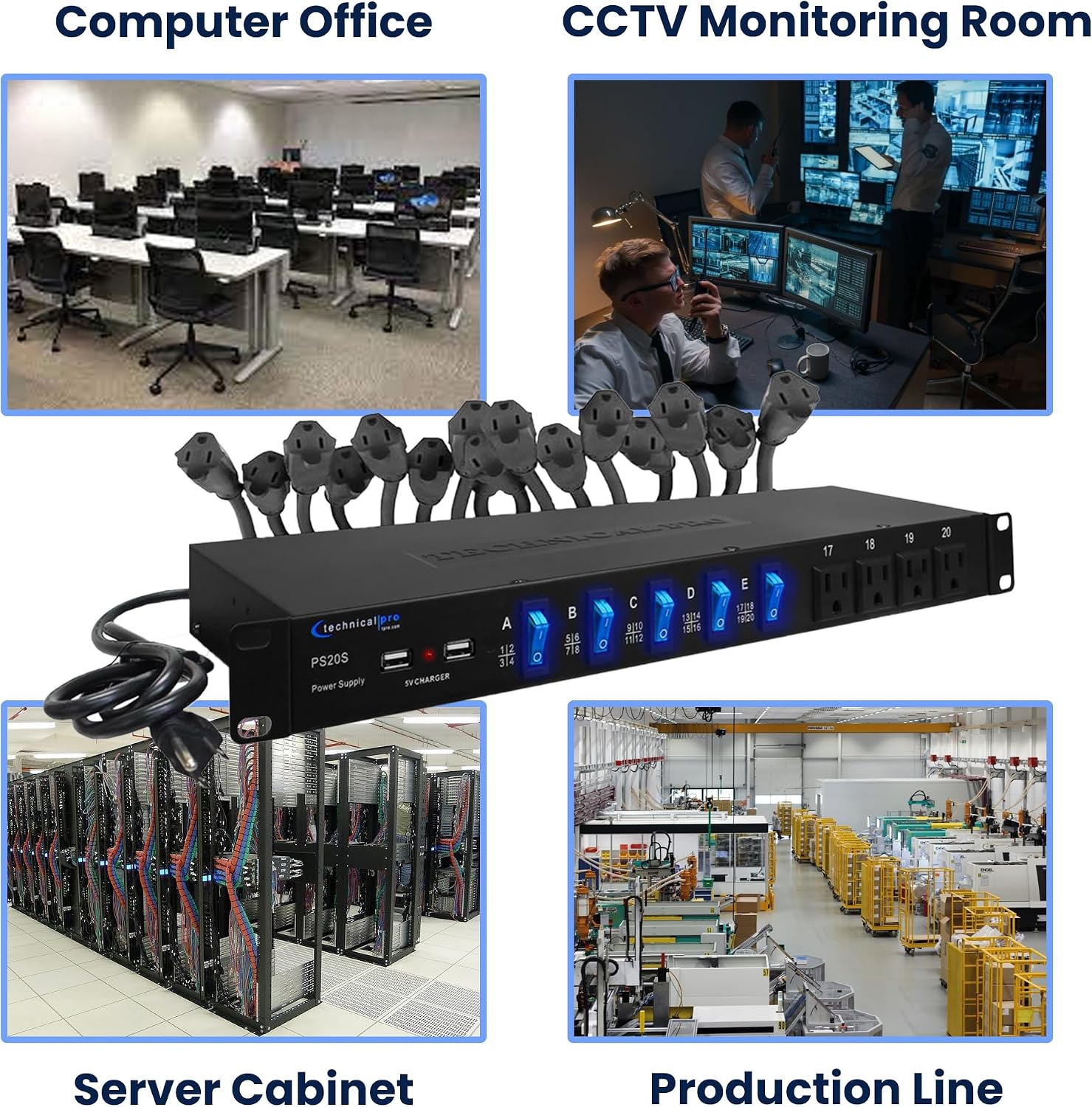 Power Supply Strip Unit Surge Protector - 19' Rack Mount 20 Outlet Including 16 Rear Panel 120V 3-Prong Plug sockets, 4 Front Panel AC Outlets, 3X 5V USB Charging Ports by Technical Pro