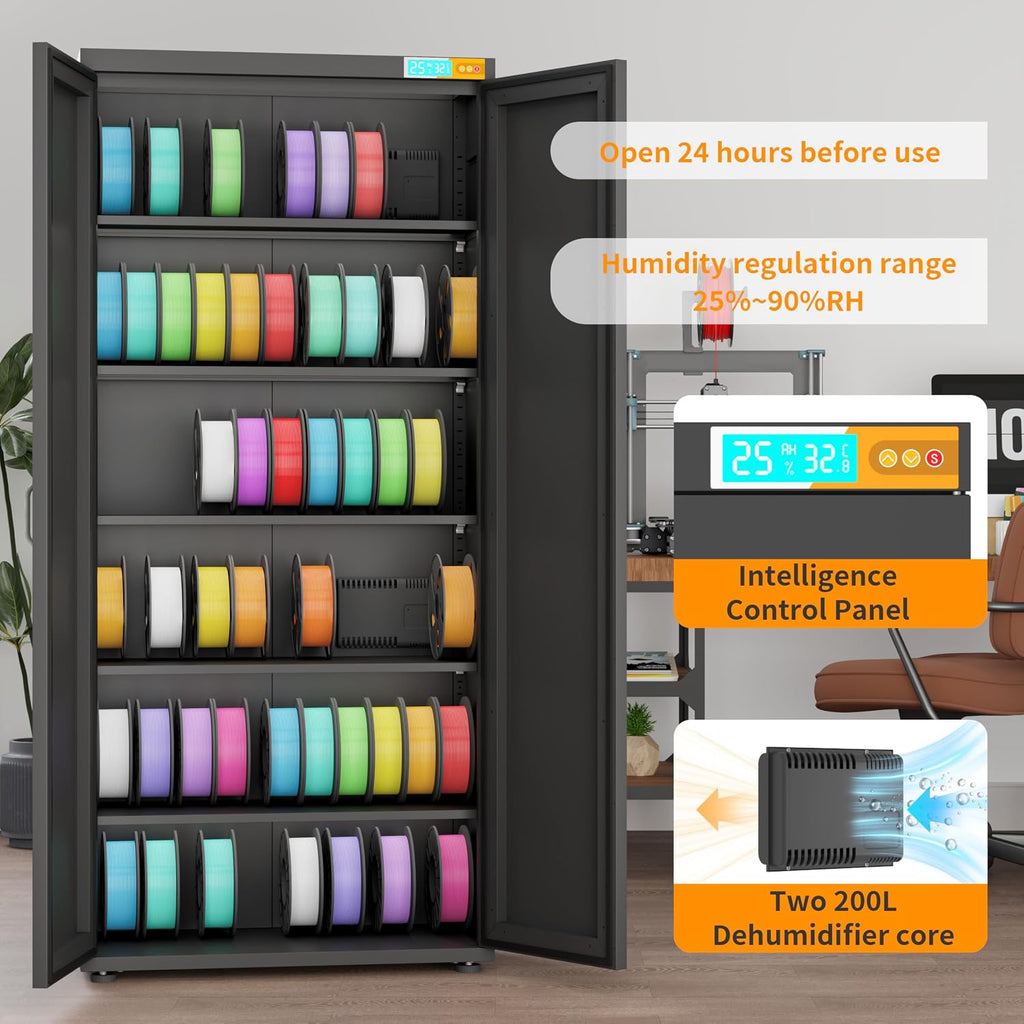 3D Printer Stand 6-Tier 110 Rolls Filament Storage,25% RH Control Filament Dehumidification Cabinet 3D Printing Sealing and Protection for PLA/ABS/TPU/Nylon (Black 380L)