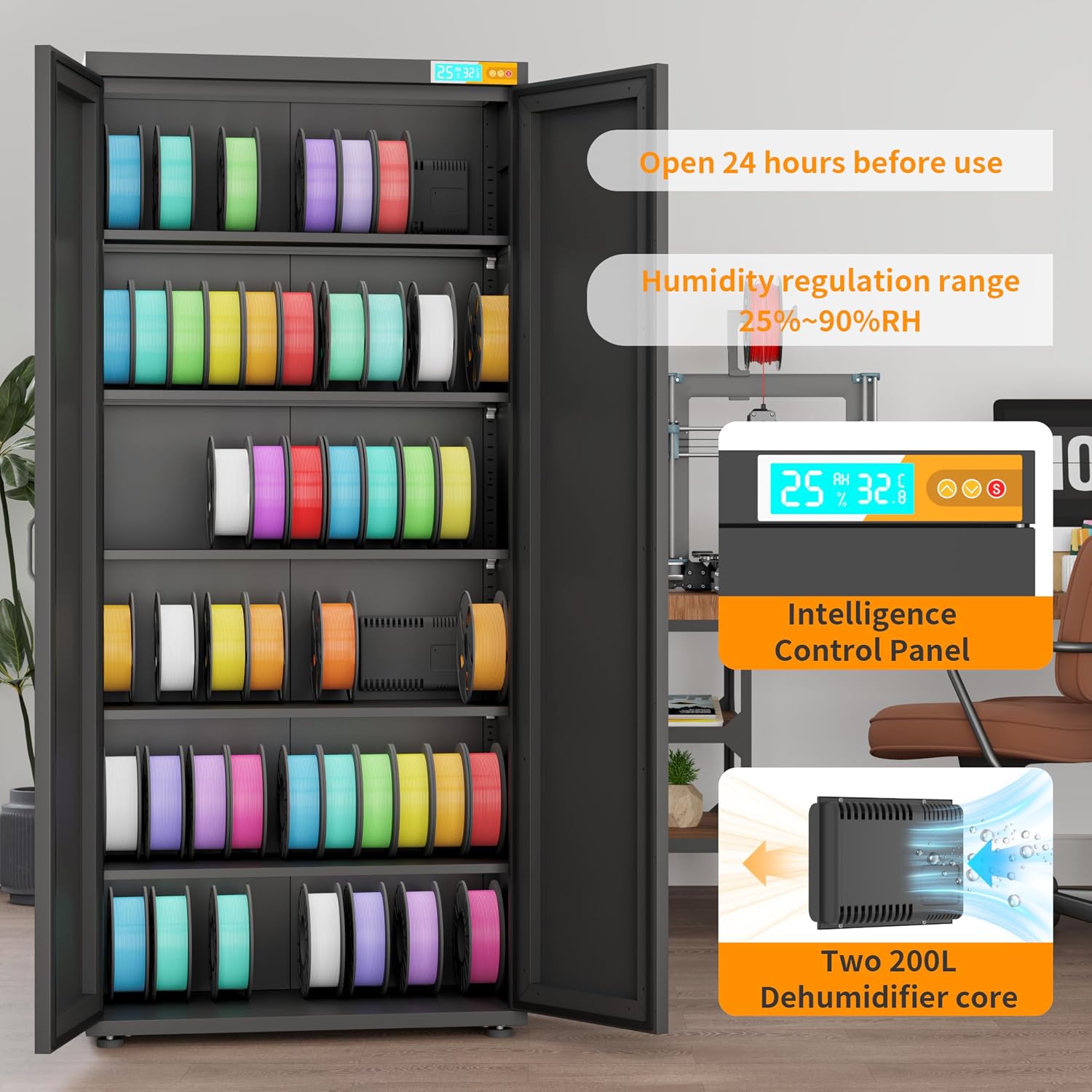 3D Printer Stand 6-Tier 110 Rolls Filament Storage,25% RH Control Filament Dehumidification Cabinet 3D Printing Sealing and Protection for PLA/ABS/TPU/Nylon (Black 380L)