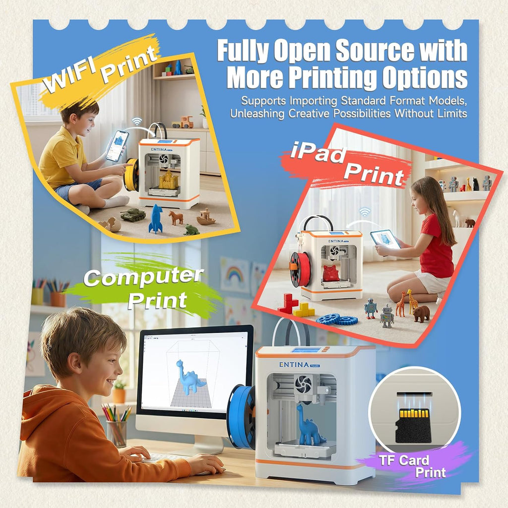 Entina Tina2C Mini 3D Printer for Kids & Beginners – Fully Assembled, Ready in 8 Minutes, App & WiFi Control, 1500+ Models, 20+ DIY Modules, Auto Leveling, High Precision for Home & STEM Learning
