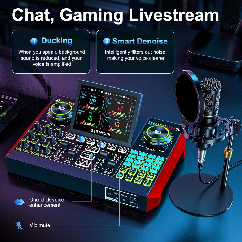 Podcast Microphone Bundle with Live Sound Card Audio Mixer, Podcast Equipment Bundle with 3.5mm BM800 Microphone for Pc/Youtube Live Streaming Singing Gaming, Sound Board with Voice Changer, Denoise