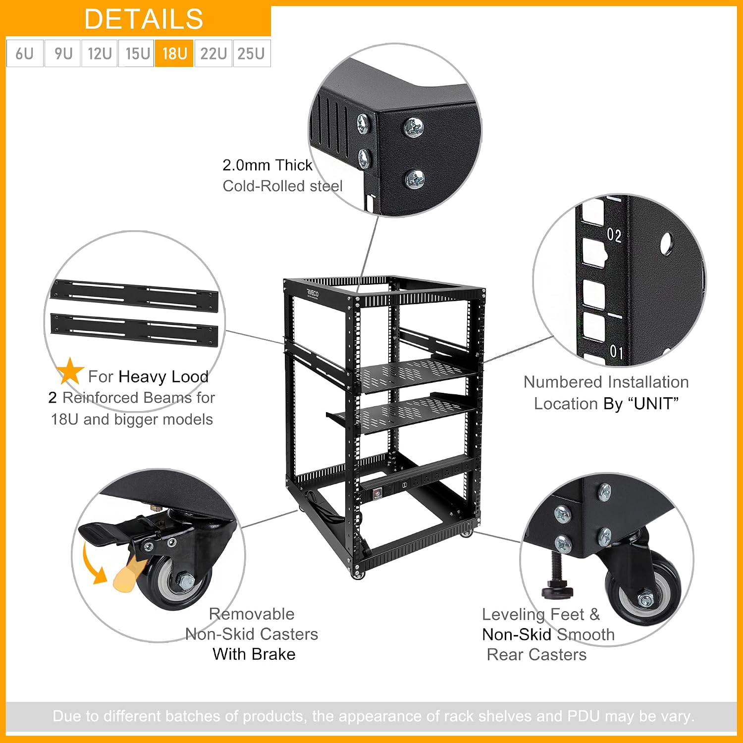 RIVECO 18U Open Frame Server Rack with Brake Casters + PDU (8 Outlets) Power Strip Surge Protector + 2 PCS Rack Shelves Cantilever Tray Set Black