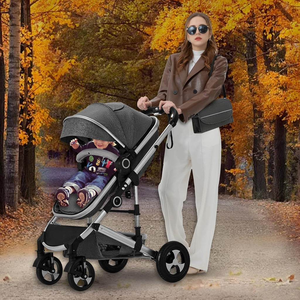 Kinder King 2 in 1 Convertible Baby Stroller, Folding High Landscape Infant Carriage, Newborn Reversible Pram, Diaper Bag, Anti-Shock Toddler Pushchair Stroller, Dark Grey