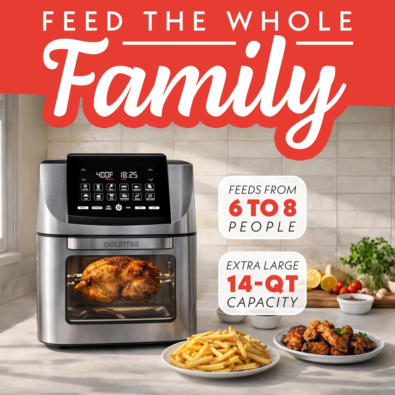 Gourmia Air Fryer - 14 Qt All-in-One Rotisserie Oven with Digital Display, 12 Presets, Roast, Bake, Broil, Dehydrate, Dishwasher Safe Accessories, Stainless Steel