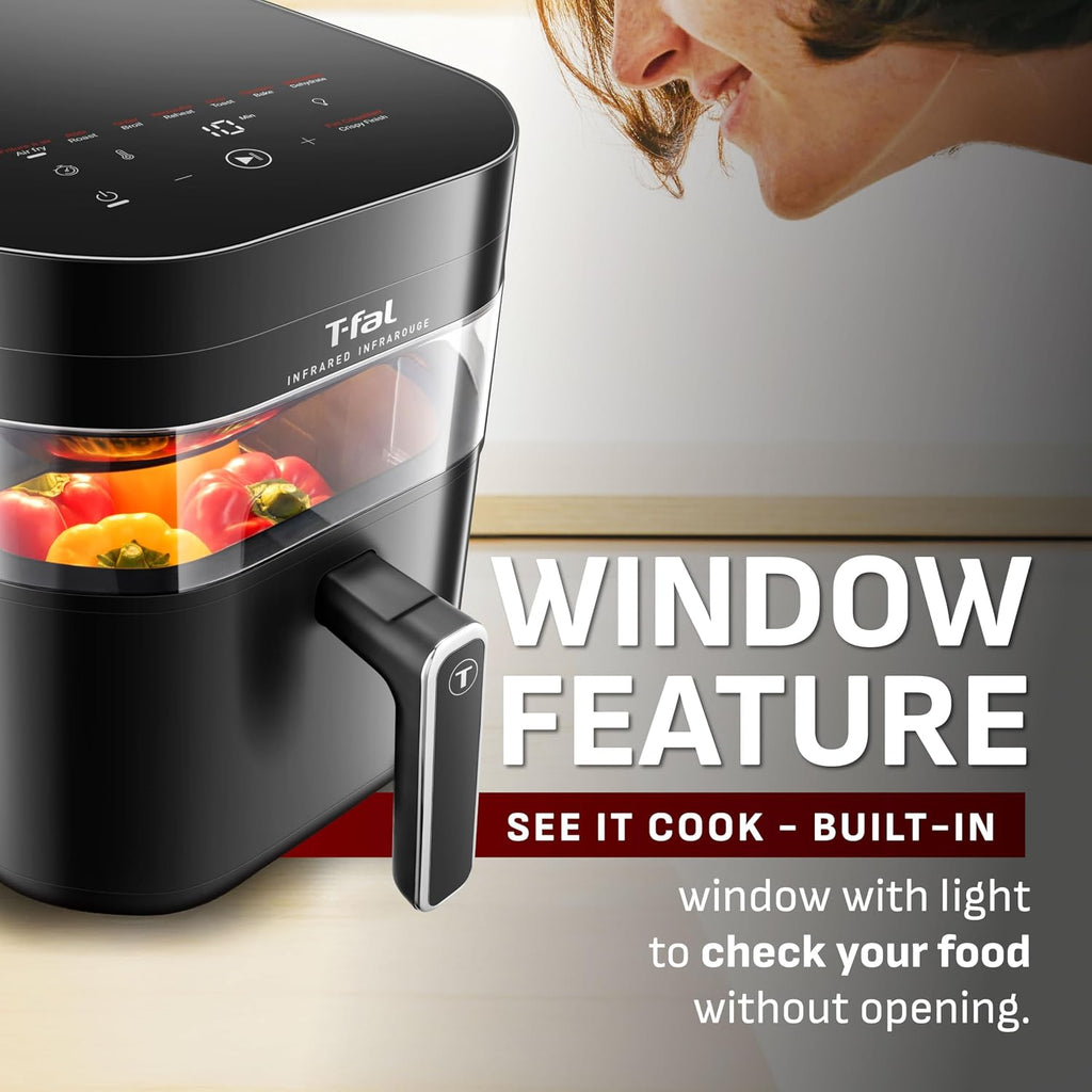 T-fal Infrared Air Fryer, 2x Faster Than Traditional Heating*, Large Air Fryer Dehydrator Combo, 8 Cooking Functions, Window With Light, No-Shake Technology, Dishwasher Safe, 1800W, Black