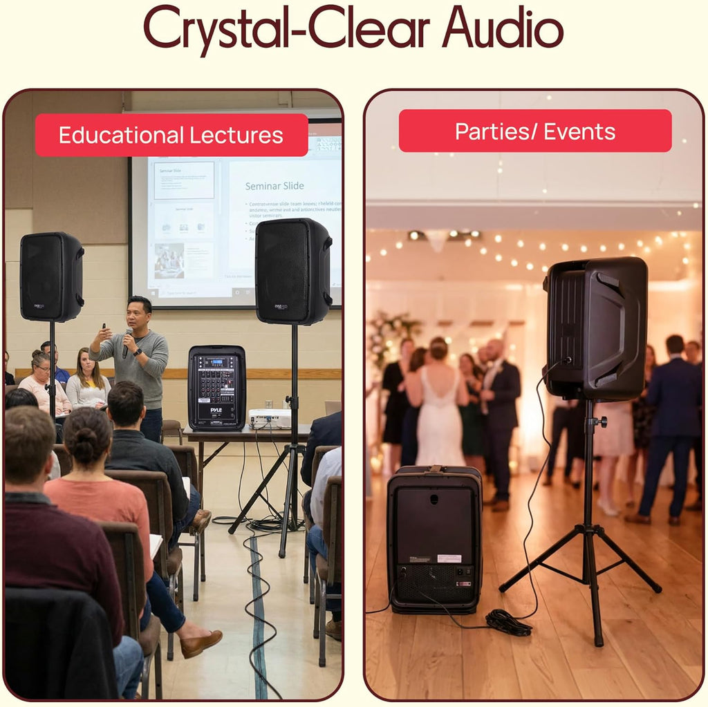 Pyle PA Speaker DJ Mixer Bundle - 300 W Portable Wireless Bluetooth Sound System w/ USB SD XLR 1/4' RCA Inputs - Dual Speaker, Mixer, Microphone, Stand, Cable - Home/Outdoor Party - PPHP28AMX,Black