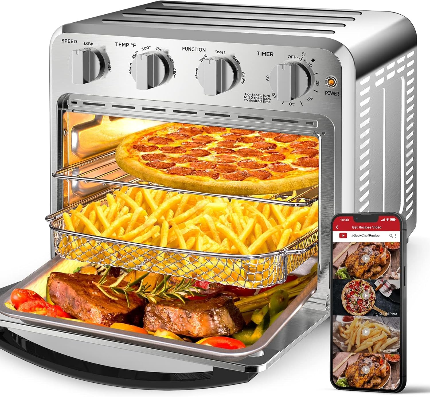 Geek Chef 16QT Air Fryer Toaster Oven, Convection Air Fryer Toaster Countertop Oven, with Bake, Toast, Broil and Warm Functions, Stainless Steel Electric Hot Oven Combo for Healthy Meals