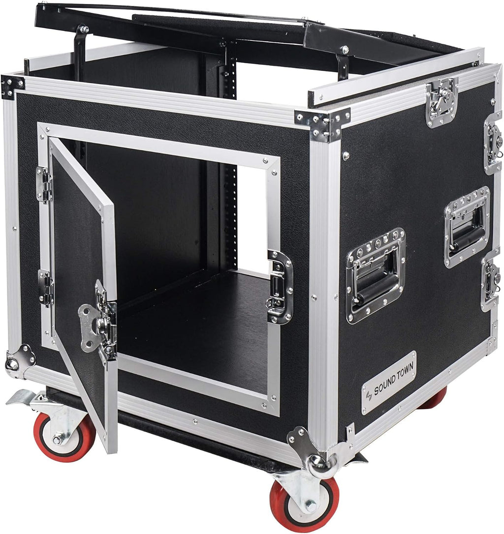 Sound Town Shock Mount 10U ATA Rack Case with 20' Rackable Depth, 11U Slant Mixer Top and Casters, 10-Space Size - Pro Tour Grade (STMR-SP10UW)