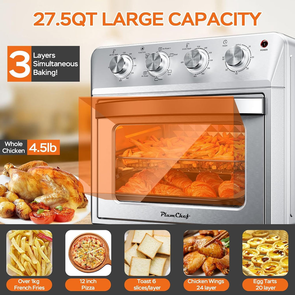 Plum chef 27.5QT 6-in-1 Air Fryer Toaster Oven Extra Large Dropdown-Door 6-Slice Convection Oven for Air Frying, Baking, Roasting, Broiling & Grilling, Stainless Steel Housing, Stainless Steel