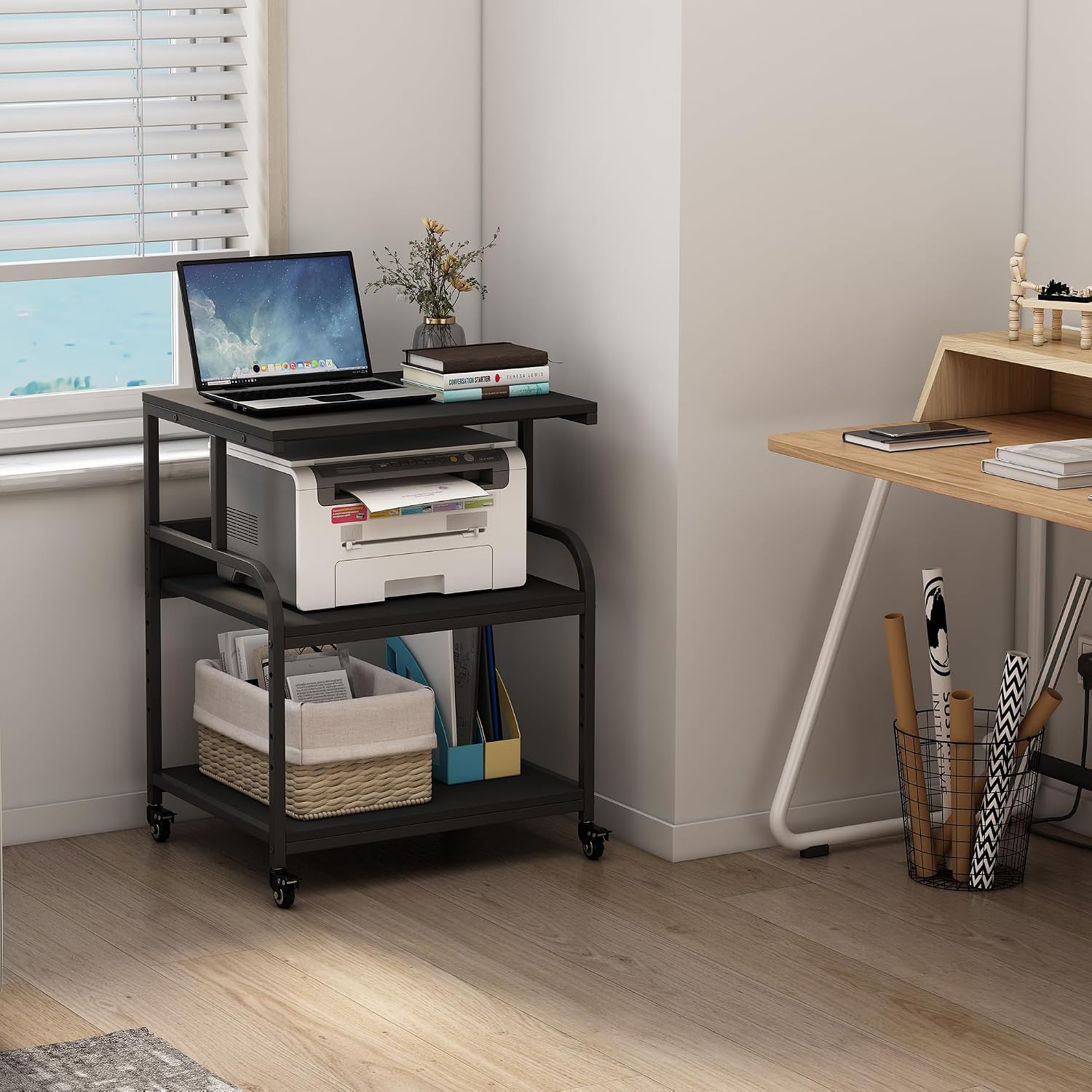 Fannova Printer Stand, 23.6 x18.9 x 30 Inches Large Printer Table with Adjustable Storage Shelf, 3 Tier Rolling Printer Cart with Wheels for Home Office, Stand for Heat Press Mini Fridge, Black