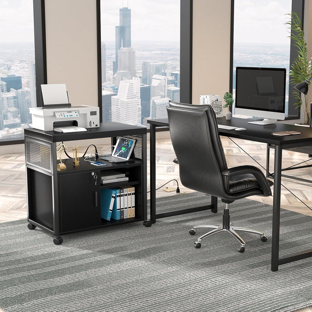 Unikito Lateral File Cabinet, Locking Office Printer Stand with Sockets and USB Charging Ports, Modern Rolling Printer Desk with Storage for A4, Letter Size and File Folders, Black