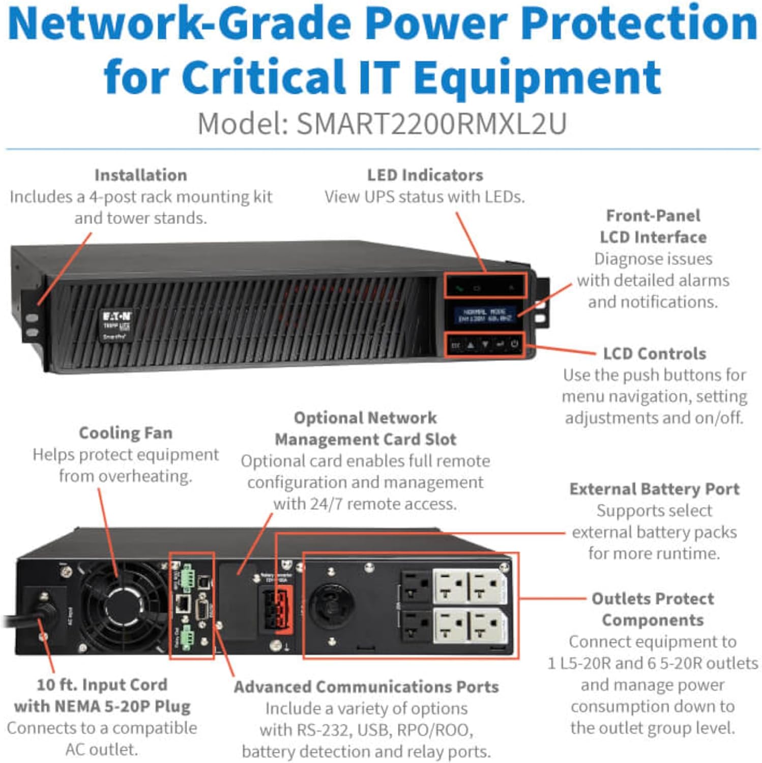 Eaton Tripp Lite Series 2200VA Smart UPS Back Up, Sine Wave, 1920W, 7 Outlets, 2U Rackmount, Extended Run & Network Card Option, LCD, USB, DB9, 3-Year Warranty & $250,000 Insurance (SMART2200RMXL2U)