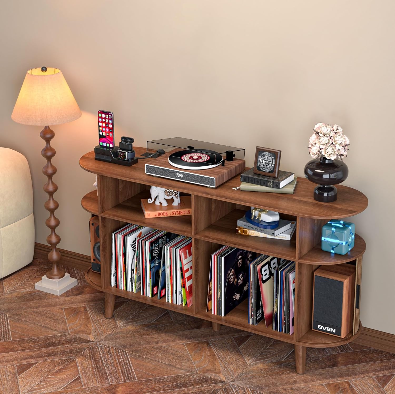 LUVIOHOME Large Round Record Player Stand with Charging Station & USB Ports，Record Storage Cabinet, Mid Century Modern Turntable Stand for Bedroom Living Room (Walnut)