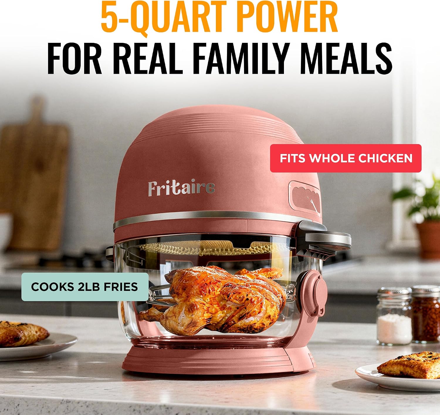 Non Toxic Air Fryer™ Pro | 9-in-1 Glass Air Fryer | Self-Cleaning | 5 Quart | Rotisserie and Tumbler | 400F Vortex For Even Cooking, BPA-Free Teflon Free, Recrisp, Roast, Bake, Mauve Rose