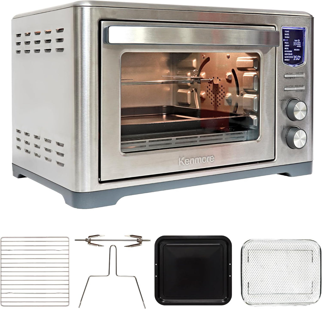 Kenmore Digital 11-In-1 Air Fryer Toaster Oven Combo 26 Qt Convection Rotisserie Dehydrator Bake Broil 1800 Watts 80°-450°F Temp Controls Top & Bottom Heater Adjustments Stainless Steel Large Capacity