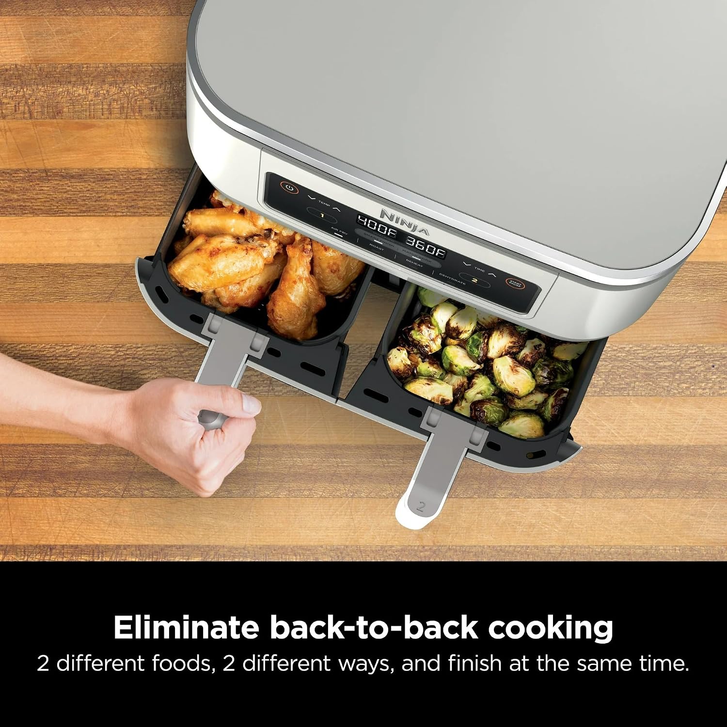 Ninja Foodi 4-in-1 8-qt. 2-Basket Air Fryer with DualZone Technology, 4 Functions, Smart Finish, Roast, Air Fry, Reheats, & Dehydrates, White, DZ100WH (Renewed)