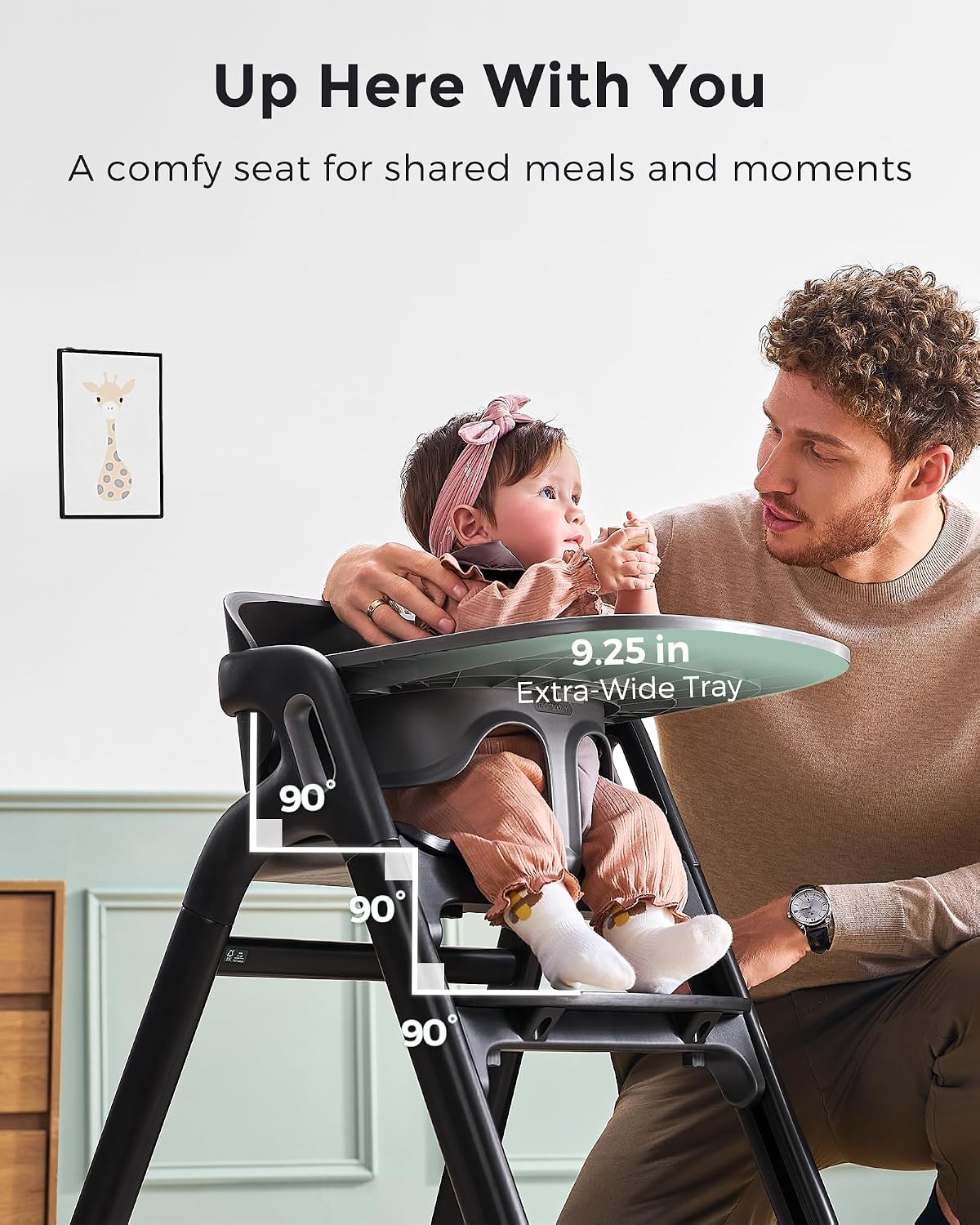 Momcozy DinerPal Wooden High Chair for Babies, Toddlers & Adults Up to 308 Lbs, Convertible Baby Highchair with Food-Grade Tray, Dishwasher-Safe, Adjustable & Ergonomic, Midnight Black