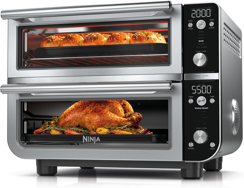 Ninja Double Oven Pro Smart XL Countertop Oven & Air Fryer | 30.2 Qt Capacity | 12-in-1 with Smart Finish & DualZone Tech to Cook 2 Meals at Once | Fits up to 4.5lb Chicken | Stainless Steel | DCT801
