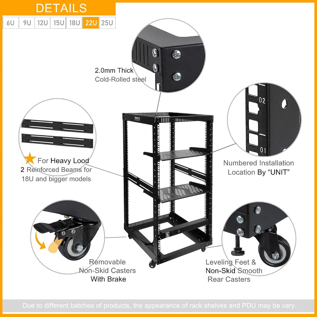 RIVECO 22U Open Frame Server Rack with Brake Casters +19' Rail Mounting PDU (8 Outlets) Power Strip with Surge Protector + 2PCS Rack Shelves Cantilever Tray Set Black